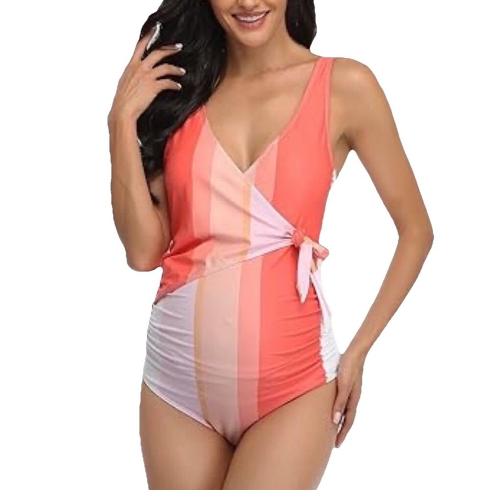 Summer Mae Maternity One Piece Swimsuit XL Striped Wrap Tie NWT